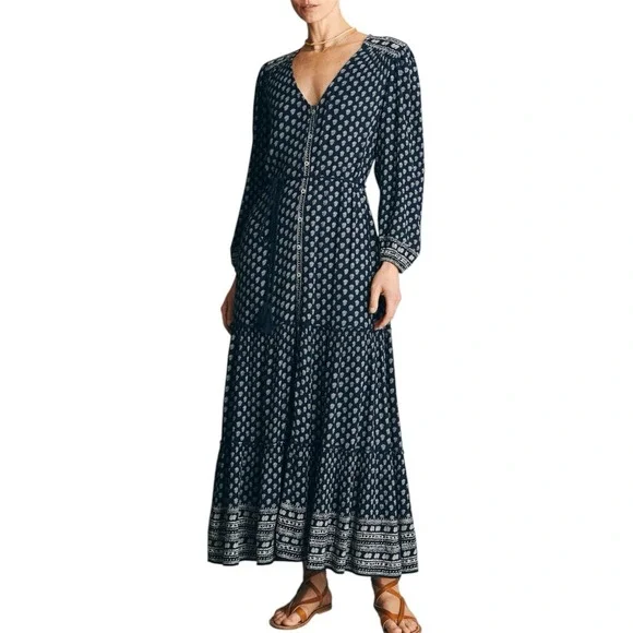 Faherty Orinda Long Sleeve Maxi Dress in navy blue and white. Sz S - Picture 5 of 16